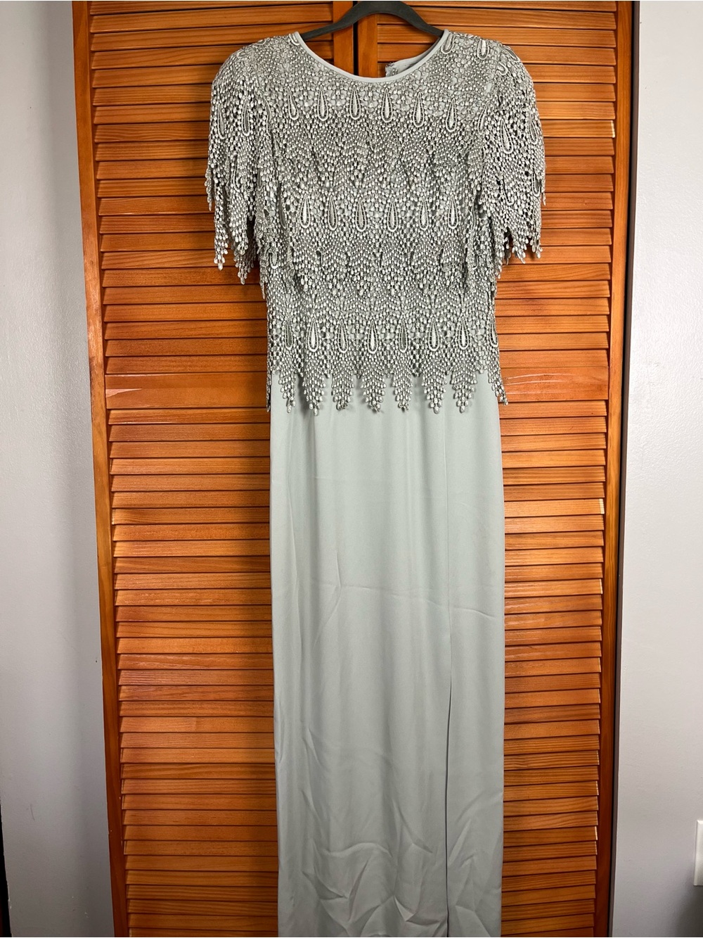 Vintage Cattiva NewYork Sage Lace Fringe Overlay Formal Maxi Dress